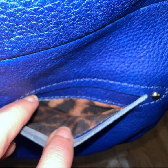 B. Makowsky Blue Genuine Leather Crossbody Shoulder Bag Studded Leopard Lining - Picture 3 of 15